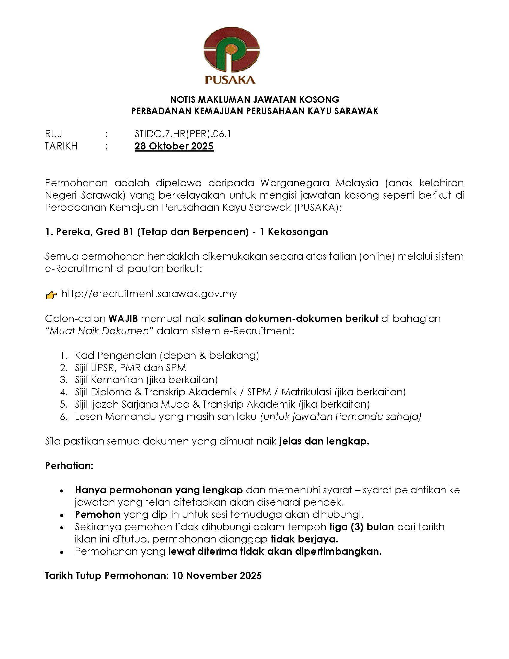 Notis Iklan Jawatan Kosong PUSAKA